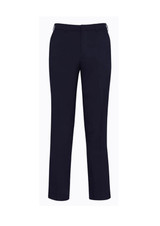Navy slimline pants with a tailored fit, featuring a waistband and pockets. Includes a logo on the back.