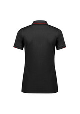 A black women's short sleeve polo shirt featuring contrasting trim and a logo.