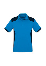 A blue and navy short sleeve polo shirt with a collar and a logo.