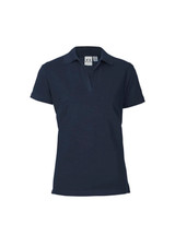 A navy women's polo shirt with a collar and short sleeves, featuring a logo on the chest area.