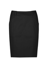 A black mid-waist chino skirt with a fitted design and pocket detailing. Features branding on the waistband.