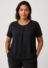 A black short sleeve T-shirt featuring a relaxed fit and a subtle pleat detail, displayed on a model.
