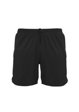 Black sports shorts featuring an elastic waistband and side pockets, complete with a branding logo.