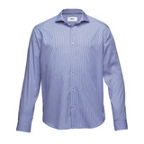 A button-up shirt in light blue with a classic collar and long sleeves, featuring a brand logo.