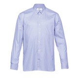 A blue and white checkered button-up shirt with long sleeves and a collar, featuring a small logo.