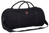 A black duffle bag with dual handles and a shoulder strap, featuring a small logo. A black duffle bag with dual handles and a shoulder strap, featuring a small logo.