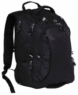 A black backpack with multiple compartments, zippers, and padded shoulder straps. It features a logo and a sturdy handle. A black backpack with multiple compartments, zippers, and padded shoulder straps. It features a logo and a sturdy handle.
