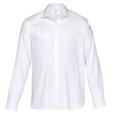 A white button-up shirt featuring long sleeves and a collar, with a logo on the label.
