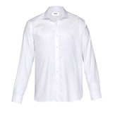 A white long-sleeved button-up shirt with a collar and a logo. Suitable for corporate wear.