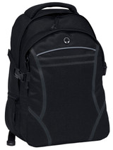 A black backpack featuring multiple compartments, adjustable straps, and a logo on the front.