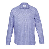 A men's button-up shirt featuring a purple and white check pattern, crafted from breathable fabric, with a collar and logo.