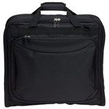 A black garment bag with dual zippers and top carry handle, featuring a sleek, minimalist design.