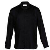 A black button-up shirt with a classic collar and long sleeves, featuring a logo on the label.