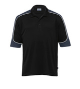 A black polo shirt with navy sleeves and white piping, featuring a logo on the chest.
