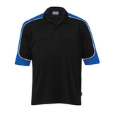 A black polo shirt with blue sleeves and a white trim, featuring a logo on the chest.