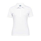 A women's white eco polo shirt featuring a collar, buttons, and a logo. Suitable for casual or professional wear.
