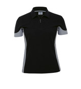 A women's polo shirt in black with grey accents, featuring a zip neckline and a logo on the chest.