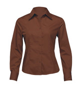 A brown button-up women's shirt with long sleeves and a fitted silhouette. It features a collar and a logo. A brown button-up women's shirt with long sleeves and a fitted silhouette. It features a collar and a logo.