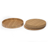 A set of six wooden placemats in a light brown finish, with a matching storage tray.