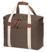 A cooler bag in olive green with cream straps and leather accents, featuring zippers and a front pocket. A cooler bag in olive green with cream straps and leather accents, featuring zippers and a front pocket.