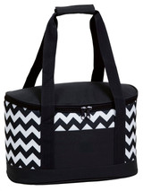 A cooler bag in black and white chevron pattern, featuring sturdy handles and a zippered closure.