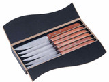 A steak knife set featuring six stainless steel knives with wooden handles, presented in a stylish black box. A steak knife set featuring six stainless steel knives with wooden handles, presented in a stylish black box.
