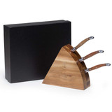 A wooden wedge-shaped cheese knife block set with three stainless steel knives, presented in a black box.