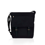 A black messenger bag with a flap, two front straps, and an adjustable shoulder strap. It features a logo.