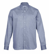 A button-up shirt in a light blue hue, featuring a collar and long sleeves. It has a logo on the chest.