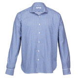 A blue and white check patterned button-up shirt with long sleeves and a collar, featuring a logo.