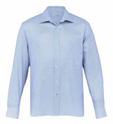 A light blue button-up shirt for men with long sleeves and a collar, featuring a logo.