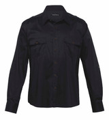 A black button-up shirt featuring long sleeves and two chest pockets, with a logo on the inside.