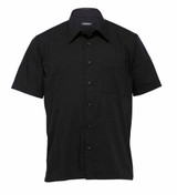 A black short sleeve button-up shirt for men with a single chest pocket and a logo.