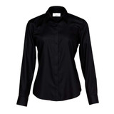 A button-up women's shirt in black featuring long sleeves and a sleek design. It has a branding logo.