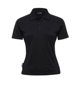 A black women's Merino short sleeve polo shirt with a classic collar and a logo.