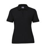 A women's polo shirt in black featuring a collar and a half-zip design. It has a logo on the front. A women's polo shirt in black featuring a collar and a half-zip design. It has a logo on the front.