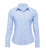 A light blue women's button-up shirt with a fitted design and long sleeves, featuring a logo on the chest.