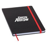 A black notebook with a red elastic band, featuring a logo on the cover and a ribbon bookmark inside. A black notebook with a red elastic band, featuring a logo on the cover and a ribbon bookmark inside.