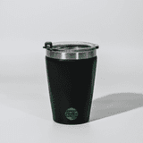 A black tumbler with a stainless steel rim and a lid, featuring a logo on the front.
