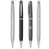 Four assorted pens in silver, black, dark grey, and light grey, featuring a logo on one of them.