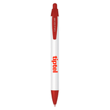 A plastic pen with a white body and red accents, featuring a logo.