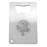 A stainless steel credit card-sized bottle opener features a detailed engraved design on its surface and a circular hole.