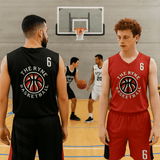 A reversible singlet in black and red, featuring a logo, displayed by two athletes in a basketball setting.