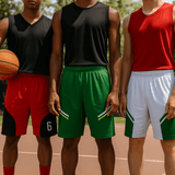 Reversible shorts in red, green, and white, worn by players holding a basketball on an outdoor court.