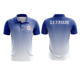 A blue and white polo shirt featuring a logo and text on the back. The design includes a gradient effect.