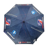 A full-colour umbrella featuring a dark design with a logo and various branding elements.