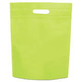A bright green non-woven gift bag with a top handle and a smooth surface. It features a logo in the design.