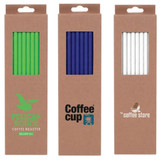 Three packs of Mili Straws in green, blue, and white, each in a brown cardboard box featuring a logo. Three packs of Mili Straws in green, blue, and white, each in a brown cardboard box featuring a logo.