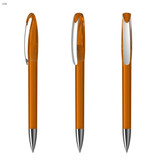 An orange transparent plastic pen with a silver tip and clip, displayed from three angles.