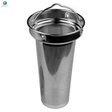 A stainless steel mesh filter with a handle, designed for use in drinkware. It features a shiny finish and fine mesh.